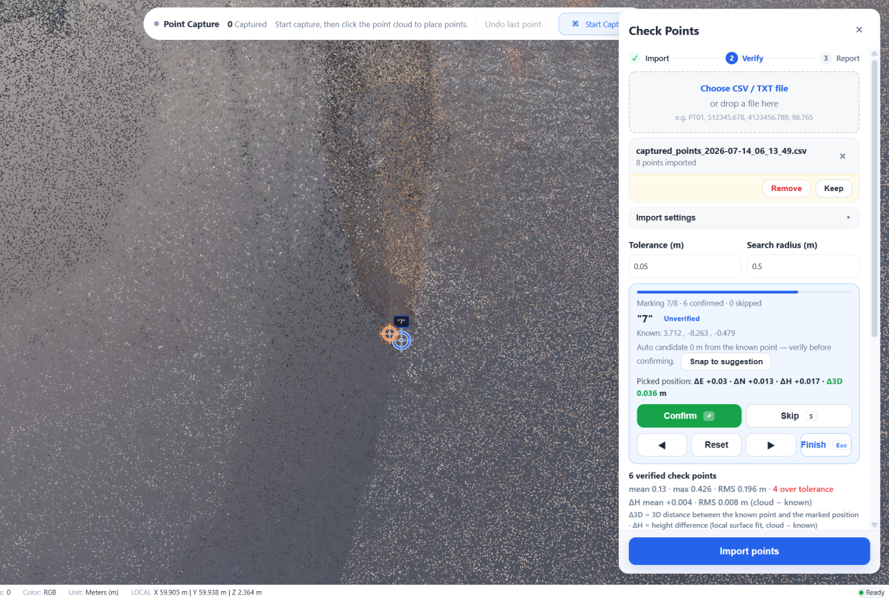 MVPStudio checkpoint verification with RMS and deviation results