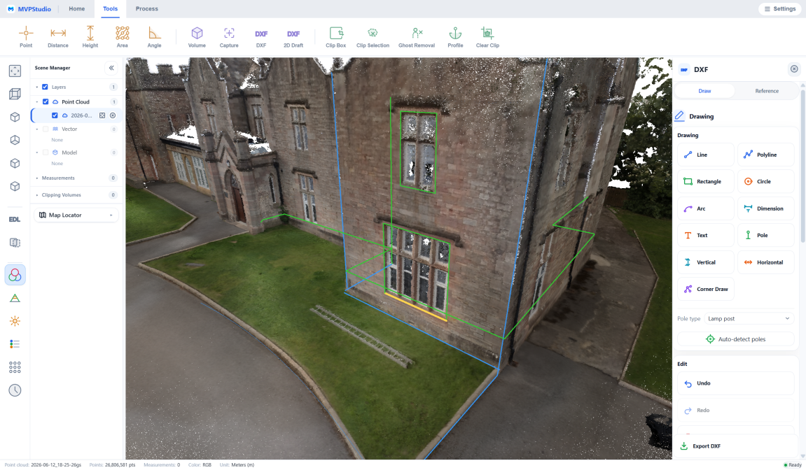 MVPStudio CAD drawing tools tracing building geometry on a point cloud