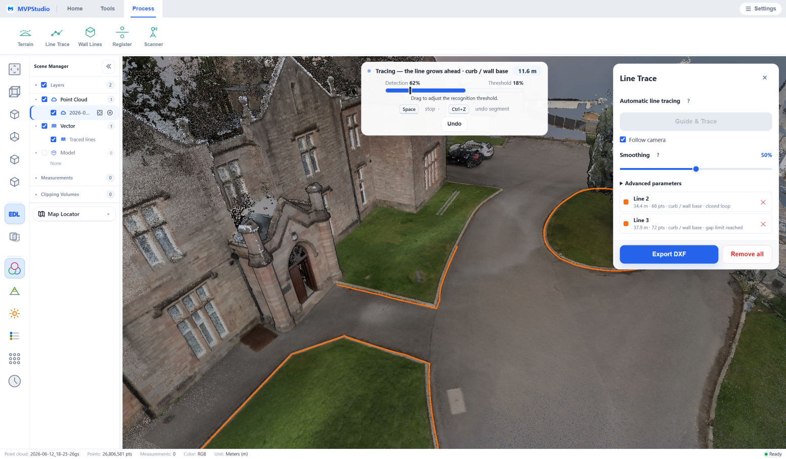 MVPStudio assisted line tracing on an outdoor point cloud