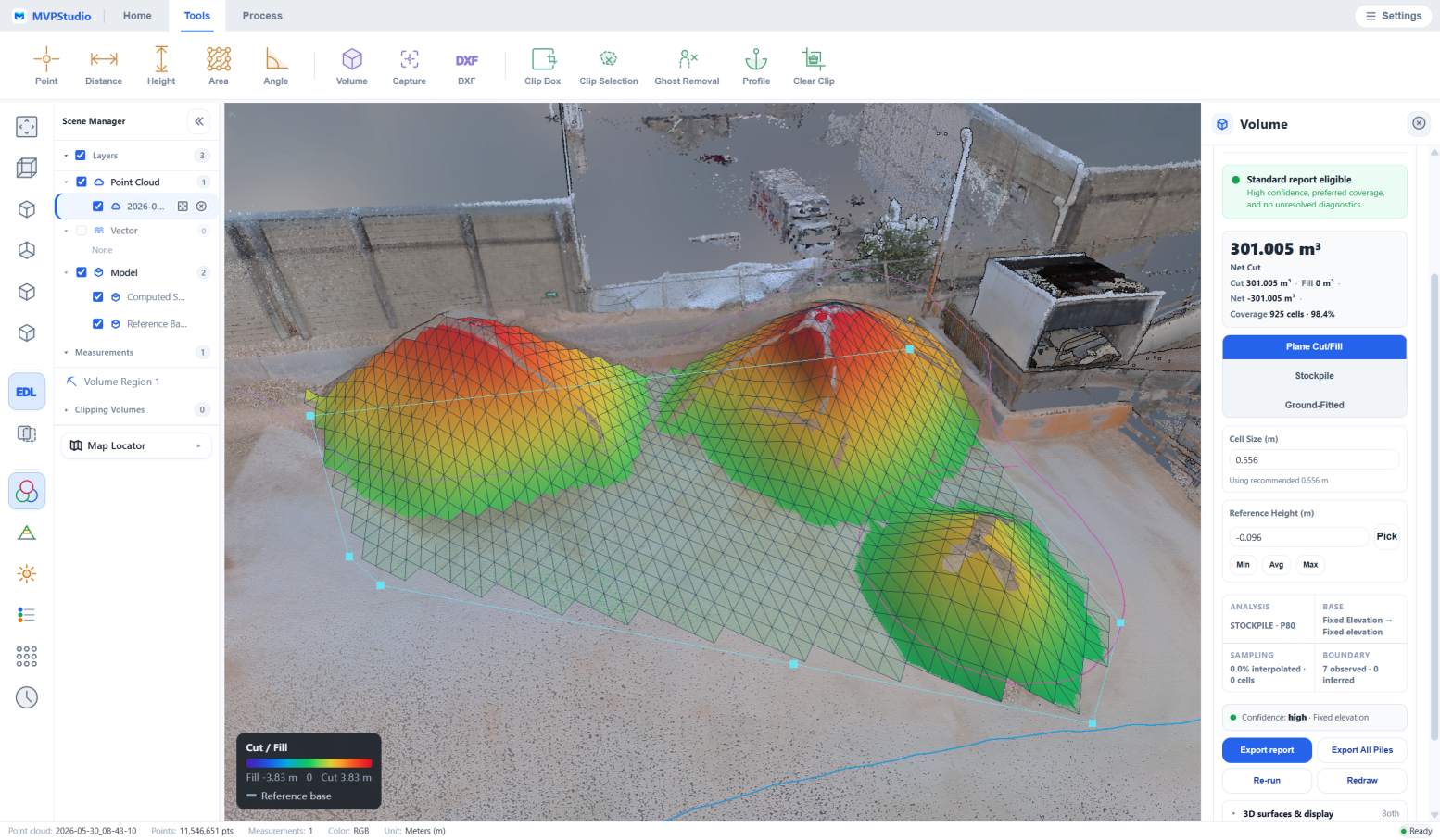 MVPStudio earthwork volume analysis with colored cut and fill results