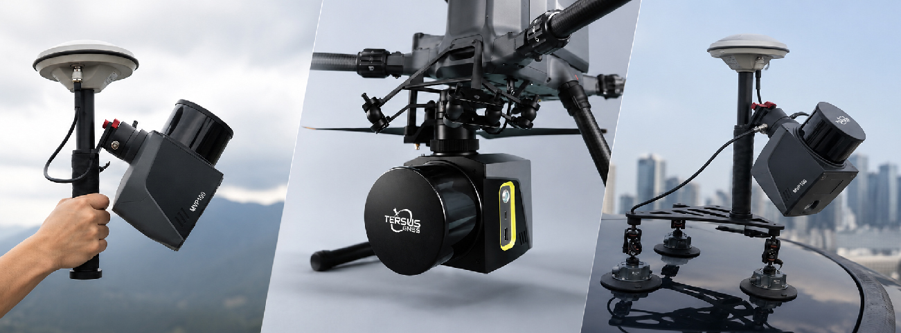Tersus MVP100 mobile product feature visual for One LiDAR. Three Ways to Map.